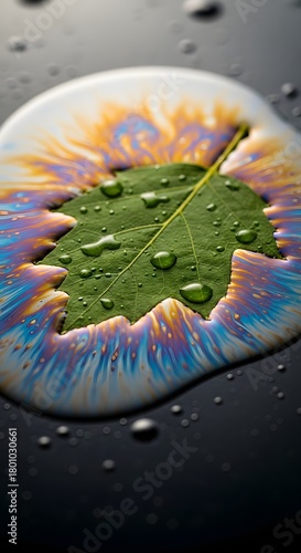 A vibrant green leaf with water droplets resting on a colorful, abstract background that resembles a splash of paint or ink, creating a striking visual contrast