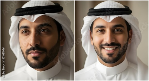 A portrait of a young Middle Eastern man wearing traditional attire, including a white headscarf and thobe, with a friendly expression and a warm smile