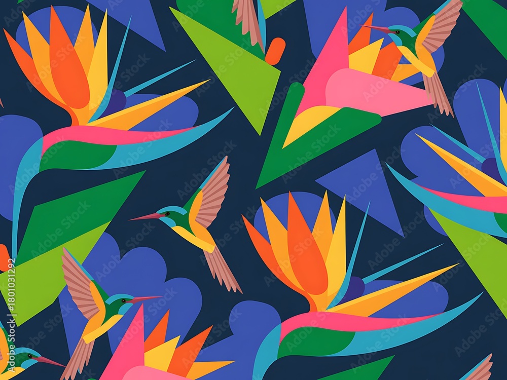 Obraz premium Vibrant tropical bird of paradise flowers and hummingbirds pattern