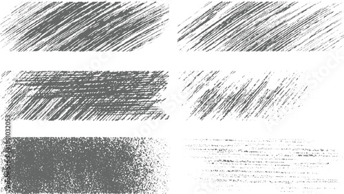 Six gray textured grunge backgrounds with diagonal and horizontal lines and speckles white