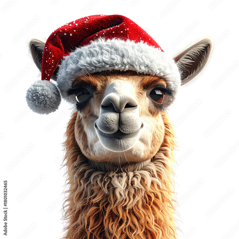 Fototapeta premium Close up portrait depicts a smiling camelid wearing a festive winter hat, clipart, isolated on a transparent background.