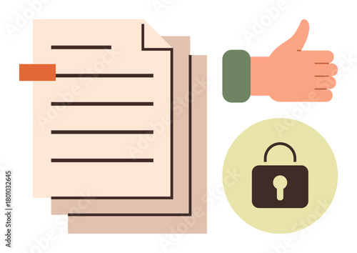 Stacked documents, thumbs up sign, and a padlock symbolize file approval, security, and reliability. Ideal for business, administration, privacy, trust compliance data protection secure