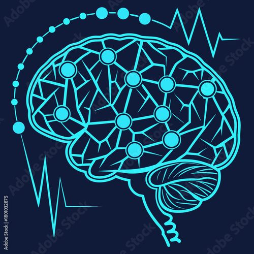 Illustration of a brain with neural network connections and brainwaves
