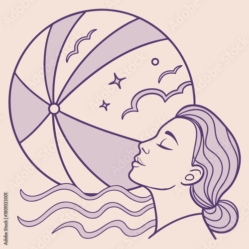 Woman with beach ball and waves illustration in a dreamy summer scene