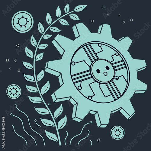 Technology and nature harmony with gear and plant for sustainable growth