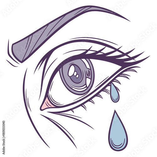 Close up of a crying eye with a tear drop isolated on