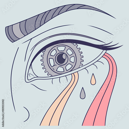 Eye with gear and colorful tears illustration, a conceptual artwork