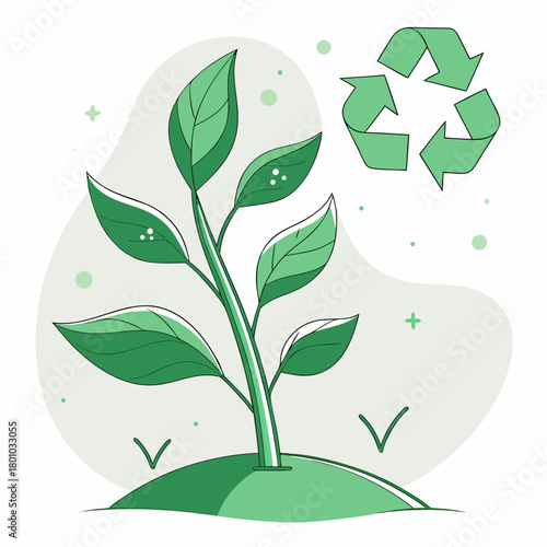 A young plant growing with a recycle symbol, representing ecofriendly practices