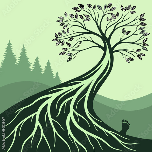 A stylized tree with roots and a footprint representing nature and humanity