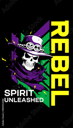 Skull with hat and rebel text in yellow on a black background art