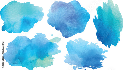 Five blue and teal watercolor paint splashes on white background vector