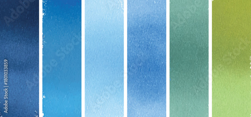 Six vertical watercolor textured backgrounds in shades of blue and green abstract