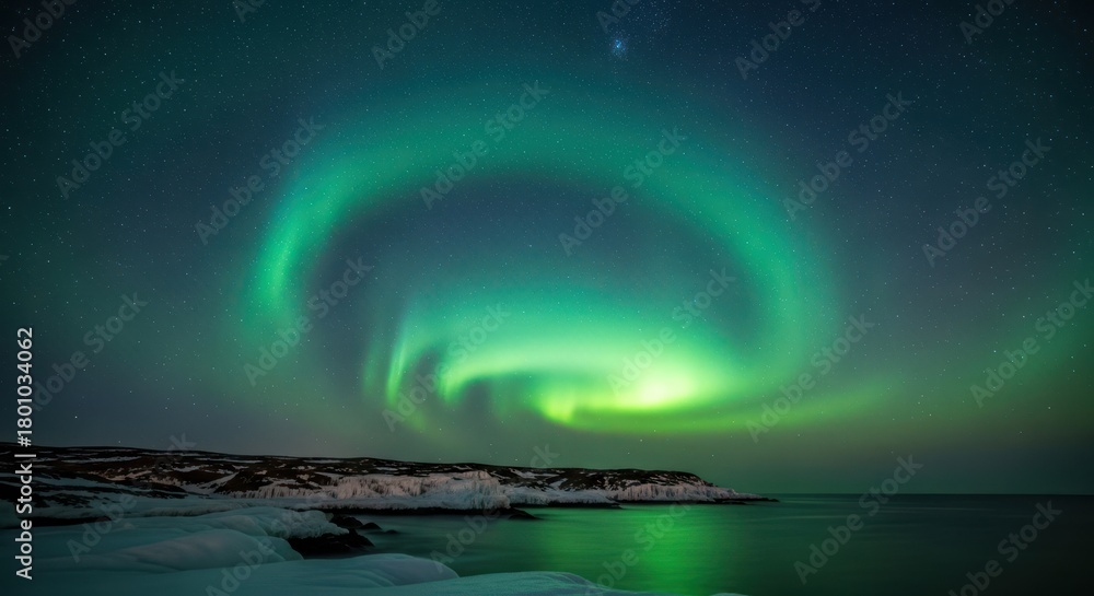 Naklejka premium Vibrant aurora borealis displaying swirling green lights over landscape