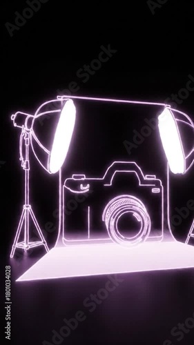 Neon outline of photography equipment on a black background. Includes a camera and a lamp
