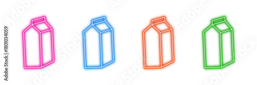Neon glowing milk carton vector icons set, dairy, drink, beverage, packaging, food, healthy, glowing, vibrant colorful digital design illustration on transparent background.