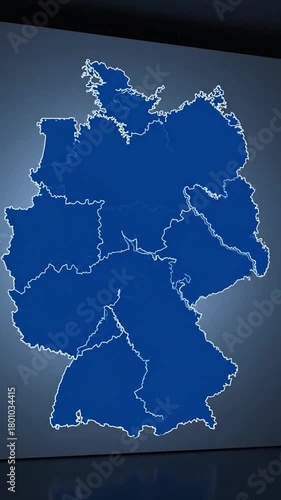 A stylized blue map, with white border detail, showing the geographic shape of Germany