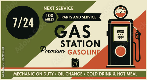 Retro poster design template for gas station. Retro poster design for gas pump. Gas station, motor oil and gasoline, EPS version.