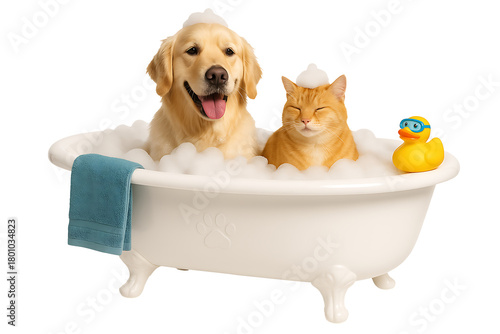 Adorable pets bath time, happy dog and relaxed cat with foam hats in tub, veterinary grooming and home care