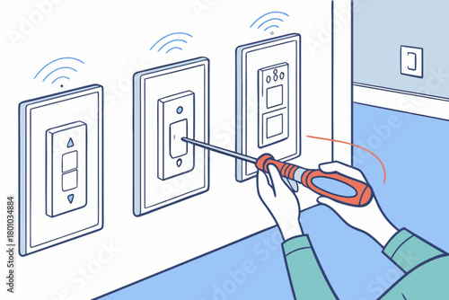 Professional electrician installing smart home lighting controls with screwdriver, upgrading to modern wireless automated dimmers, safety first