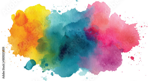 Vibrant watercolor paint splash with yellow orange teal and pink hues stain blot