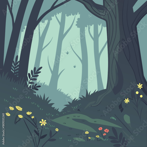 Enchanting forest scene with whimsical flowers and towering trees, perfect for children's books, nature illustrations, and magical story telling designs