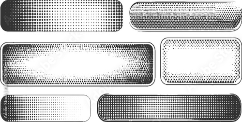 Collection of rounded rectangular shapes with halftone dot patterns and distressed edges abstract background