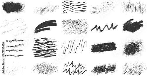 Collection of black ink brush strokes and scribbles on white background abstract