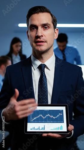 A man in a suit presents a tablet showing a graph in an office setting. Other people blur in bg