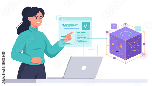Female programmer engineering a complex system with a futuristic user interface for AI development