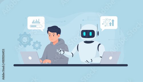 Human and robot collaborating on technology development, illustrating AI partnership and progress