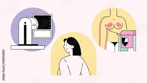 Mammogram Screening and Breast Health Diagnostic Illustration Set
