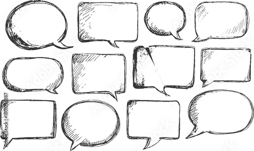 Collection of hand drawn sketch speech bubbles in various shapes and sizes talk chat