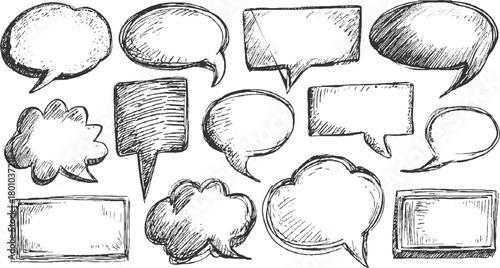 Hand drawn sketch speech bubbles and text boxes on white background talk chat