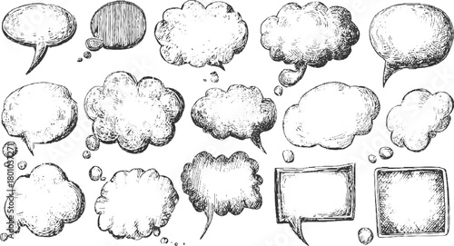 Hand drawn sketch speech bubbles and thought clouds in black ink on white background vector