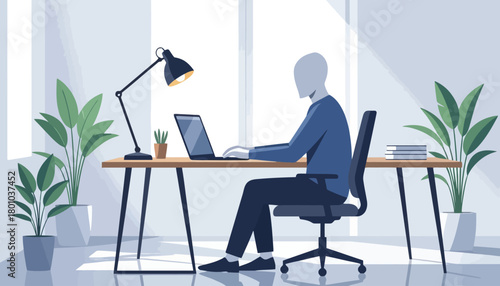 Man working on laptop at desk with plants and lamp in a bright office