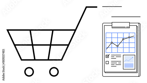 Shopping cart next to analytics clipboard with growth chart and data, suggesting sales analysis. Ideal for business, retail, e-commerce, marketing, data management, strategy, simple flat metaphor