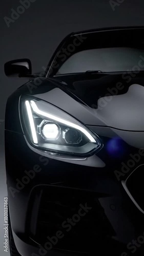 Dramatic close-up of a sleek, black sports car's illuminated headlight and front