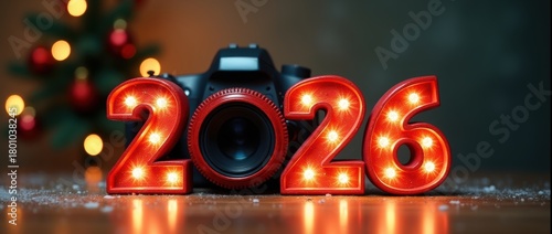 Festive 2026 sign with glowing red numbers and a camera lens replacing the zero, surrounded by Christmas lights and soft snow on a wooden surface