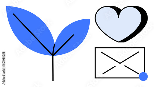 Leaf symbolizes growth, heart conveys love, envelope represents communication and connection. Ideal for nature, wellness, love, support, messaging networking eco-friendly themes. Simple flat