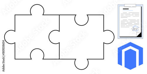 Two interlocking puzzle pieces, a signed document on a clipboard, and a hexagonal design convey partnership, contract, teamwork, integration, connection, negotiation, and problem-solving in a simple