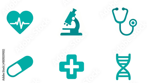 Medical Icons Heartbeat, Microscope, Stethoscope, Pill, Cross, and DNA Strand – Healthcare Essentials
