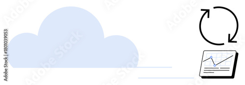 Large cloud icon, rotating arrows symbolizing synchronization, and a line graph representing data. Ideal for technology, cloud computing, data analytics, synchronization, updates, efficiency