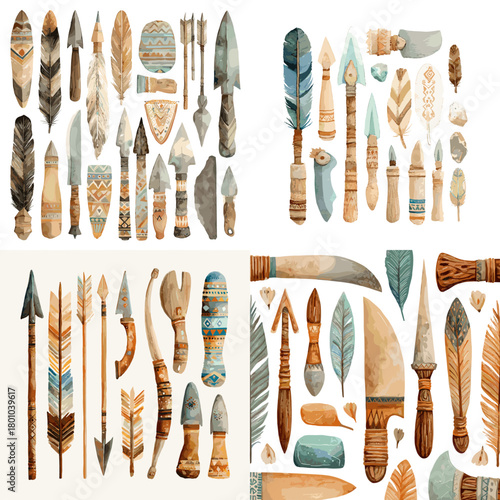A detailed watercolor illustration of tribal weapons feathers tools and arrows inspired by ancient indigenous craftsmanship and traditional cultural motifs.