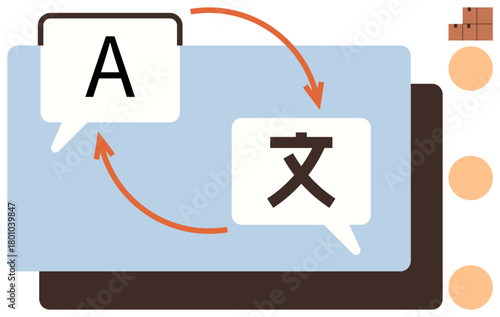 Speech bubbles with letters and characters, arrows symbolizing translation, layered rectangles. Ideal for language learning, communication, globalization, education, cultural exchange
