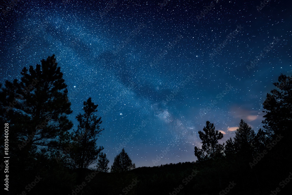 Naklejka premium Night Sky Milky Way And Silhouetted Trees Over Forest Dark Blue Tones