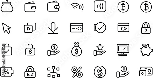 Finance and security icons set for digital payments, cryptocurrency, wallets, contactless transactions, Bitcoin, padlocks, user interface