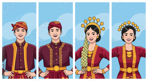 Indonesian traditional wedding attire cartoon illustration of a couple.