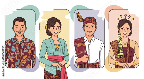 Illustration depicting four individuals in traditional Indonesian attire, showcasing cultural diversity.