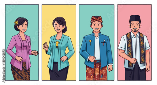Illustration of people in traditional Indonesian clothing, showcasing cultural diversity and heritage.