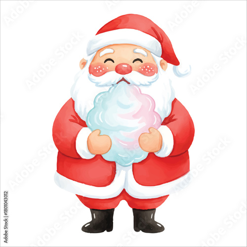 Santa Claus Holding Cotton Candy Watercolor Vector Isolated on White Background
